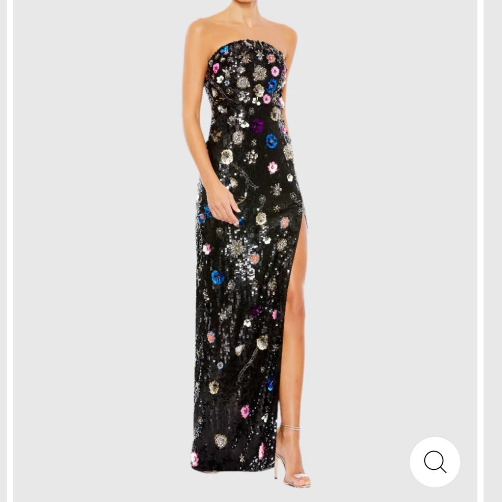 Strapless Black Sequin Floral Gown
